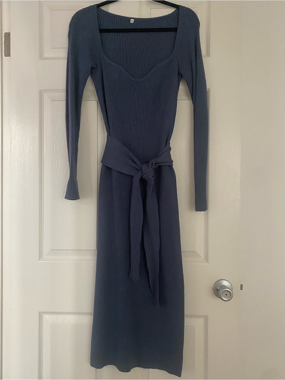 Amazon Ribbed Midi Dress with Self-Tie Belt - Slate Blue